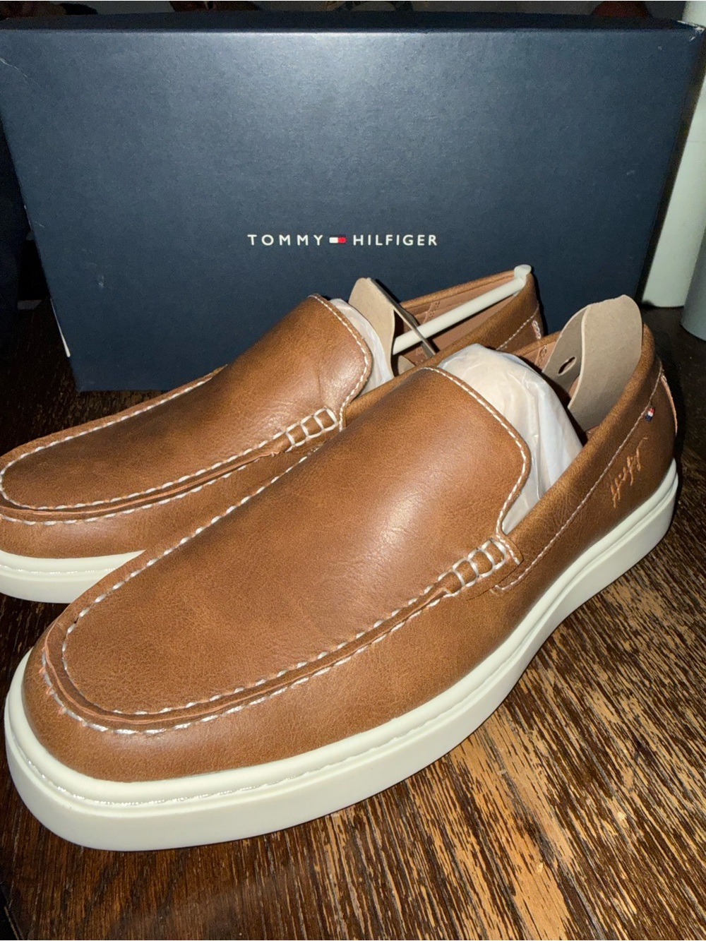 Tommy Hilfiger Tan Leather Slip-On Loafers with White Sole